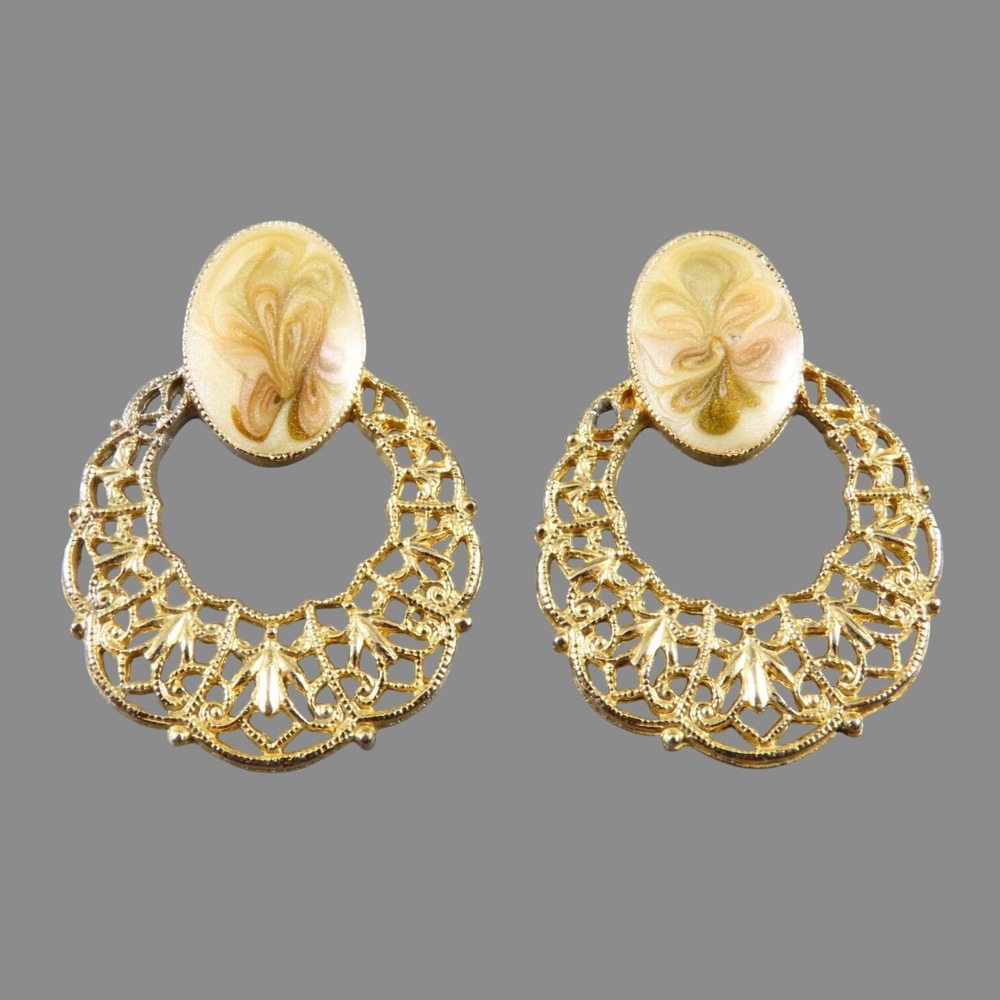 1928 BRAND Vintage DOORKNOCKER STYLE EARRINGS Gold Filigree SHIMMER CREAM ENAMEL